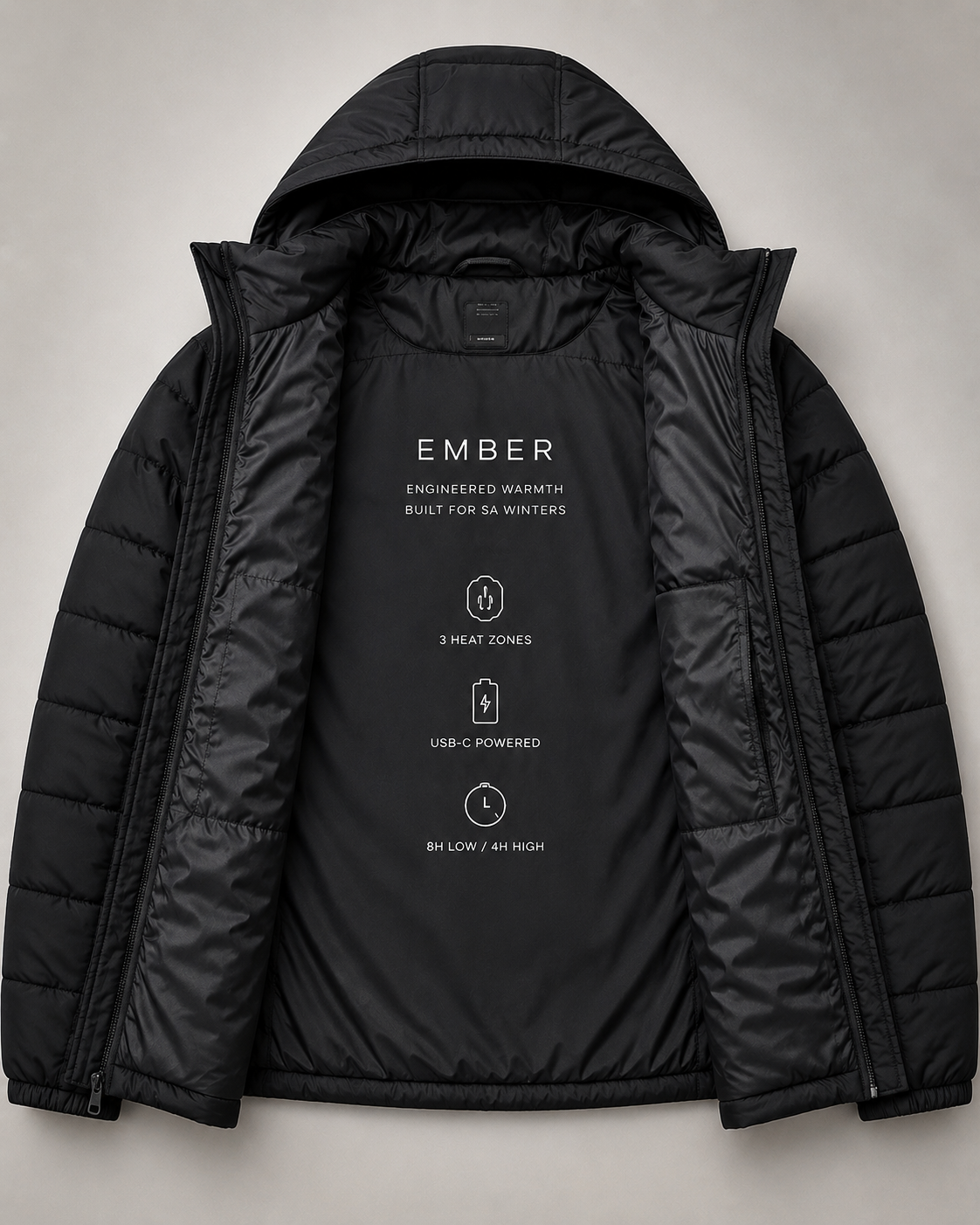 EMBER Heated Jacket Pro — Interior view with 3 heat zones